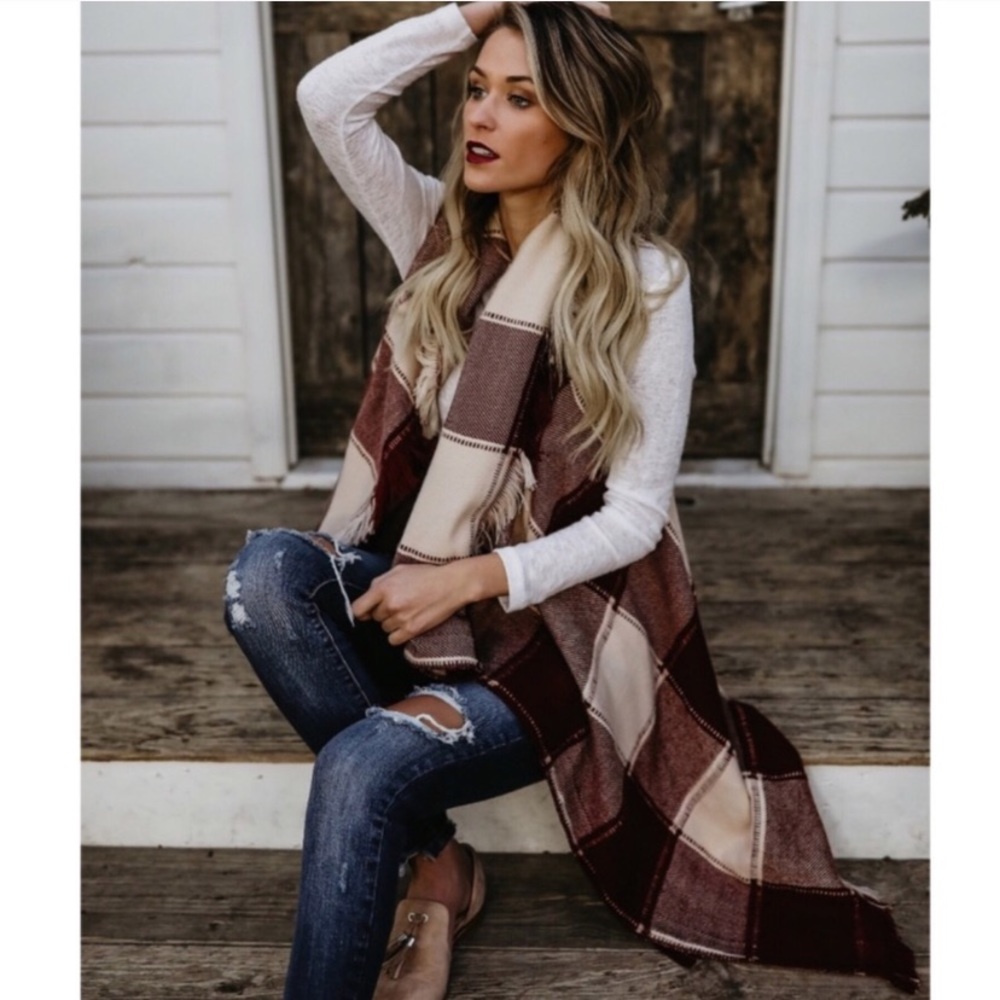 Burgundy/Ivory Plaid Fringe Vest